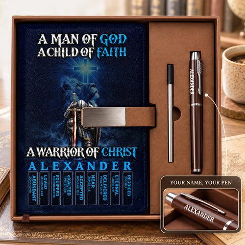 A Man Of God, Gift For Men | Personalized Leather Notebook & Pen Set