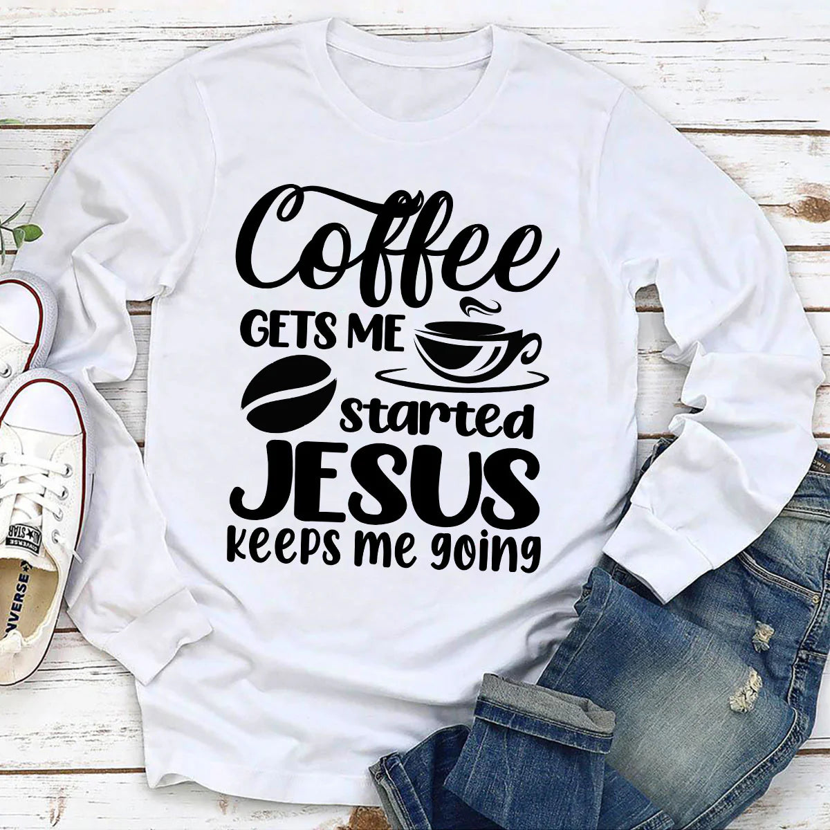 Coffee Gets Me Started, Jesus Keeps Me Going | 2D Unisex Long Sleeve