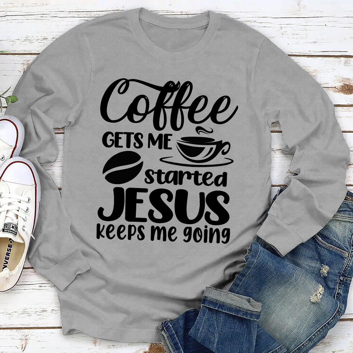 Coffee Gets Me Started, Jesus Keeps Me Going | 2D Unisex Long Sleeve