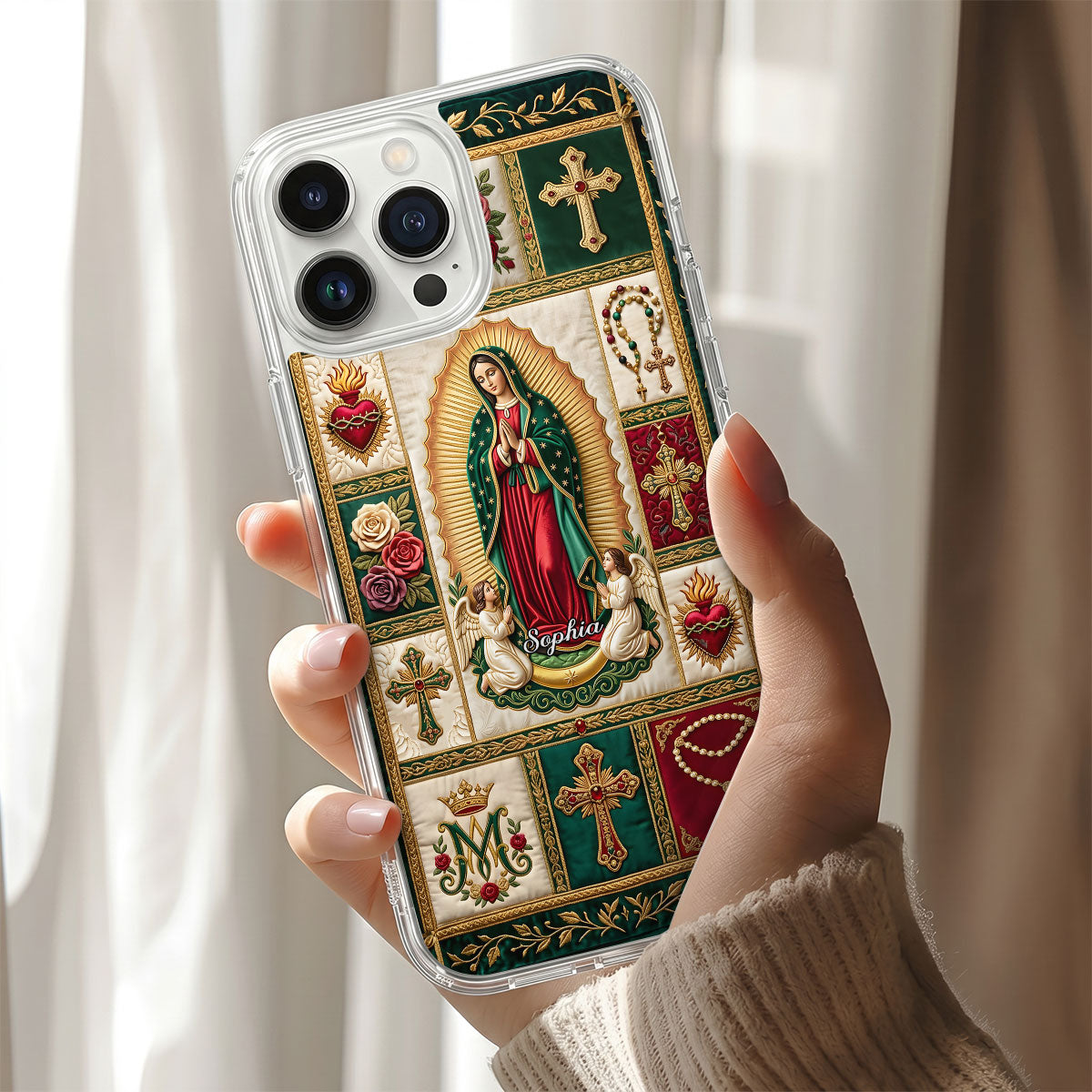 Marian Devotional Patchwork, Gift For Her - Personalized Clear Silicone Phone Case
