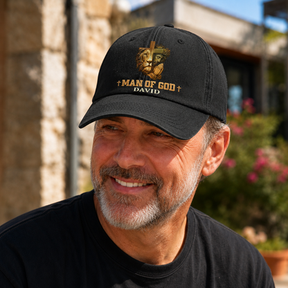 Man Of God, Gift of Strength | Personalized Vintage Washed Denim Cap