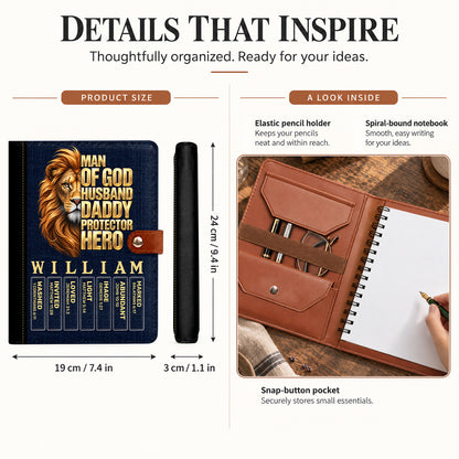 Man Of God Husband Dad Protector Hero, Gift For Dad | Personalized Leather Notebook Cover With Pocket