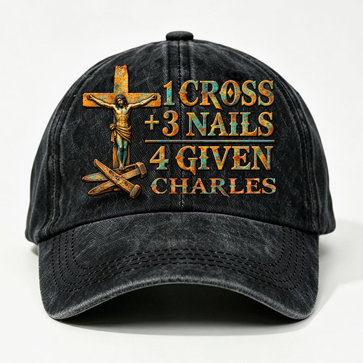 1 Cross 3 Nails 4 Given, Gift For Him | Personalized Vintage Washed Denim Cap
