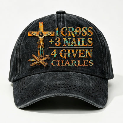 1 Cross 3 Nails 4 Given, Gift For Him | Personalized Vintage Washed Denim Cap