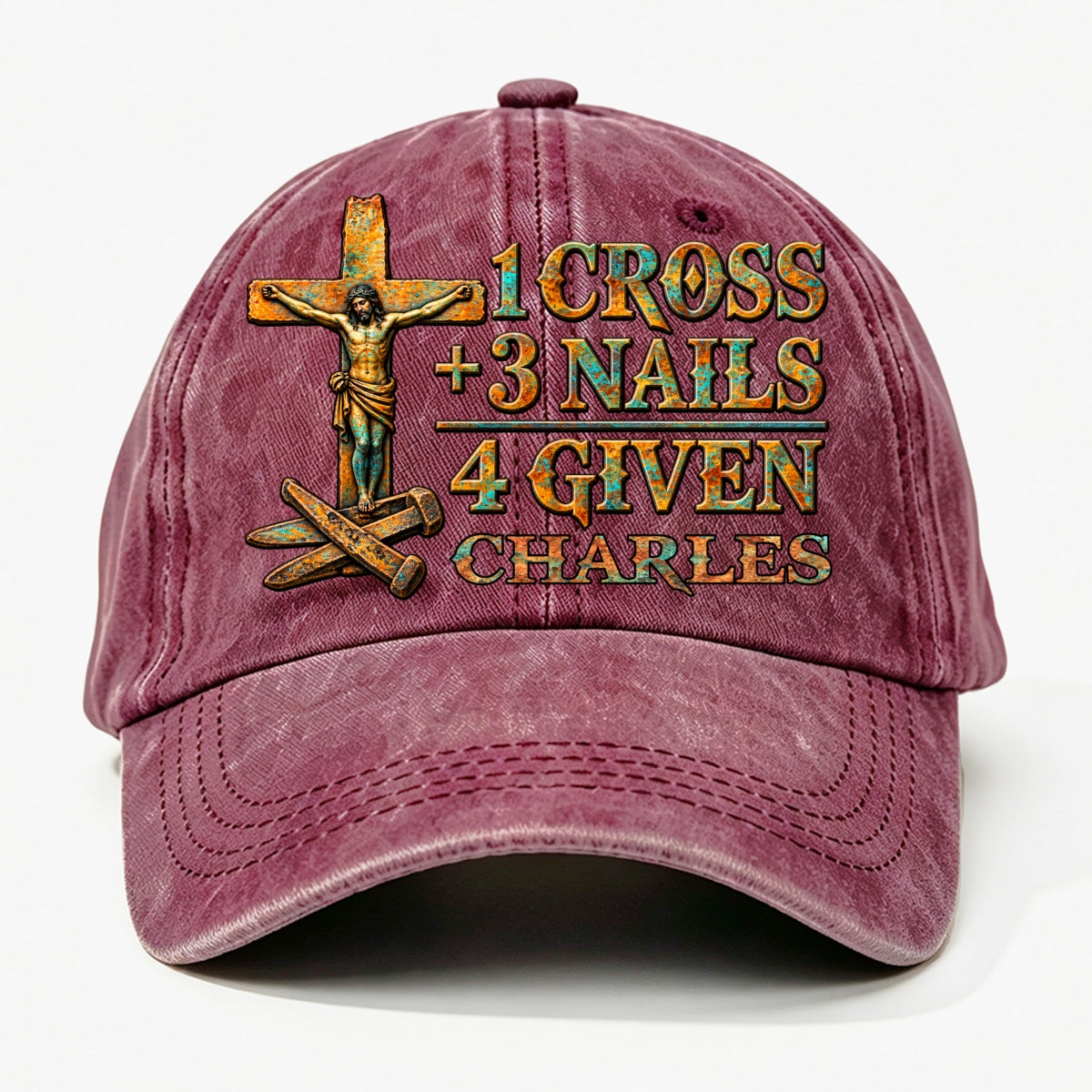 1 Cross 3 Nails 4 Given, Gift For Him | Personalized Vintage Washed Denim Cap