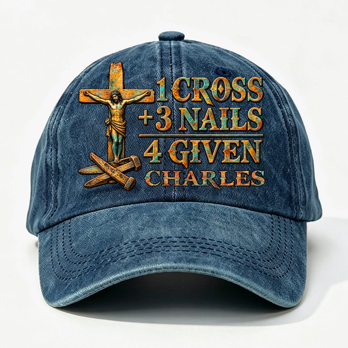 1 Cross 3 Nails 4 Given, Gift For Him | Personalized Vintage Washed Denim Cap
