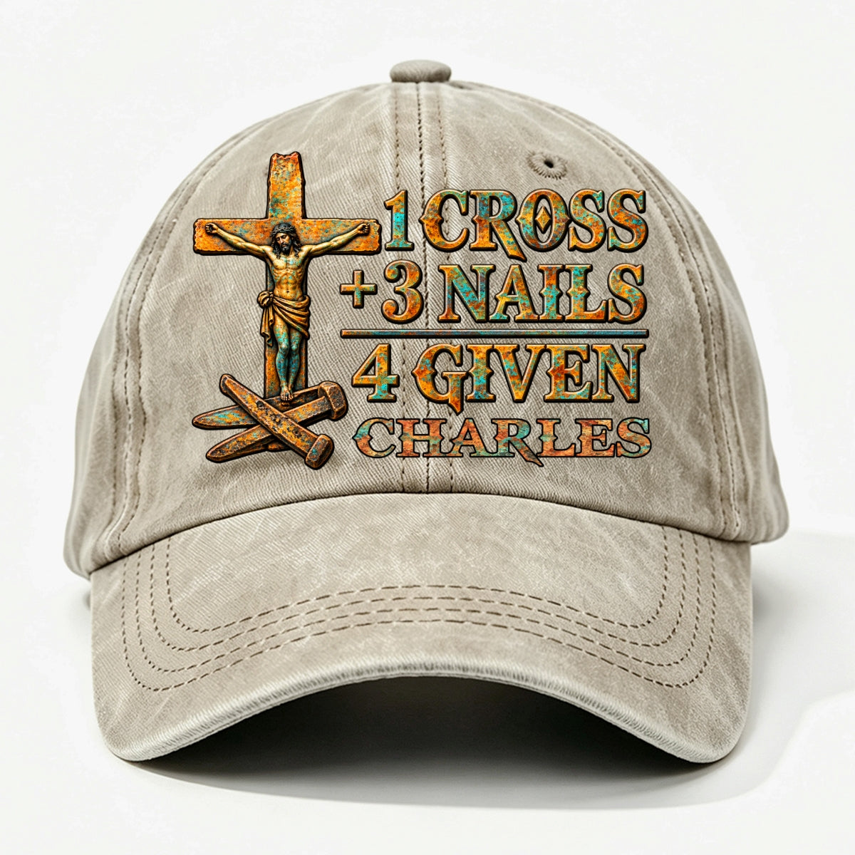 1 Cross 3 Nails 4 Given, Gift For Him | Personalized Vintage Washed Denim Cap