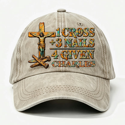 1 Cross 3 Nails 4 Given, Gift For Him | Personalized Vintage Washed Denim Cap