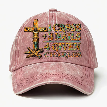 1 Cross 3 Nails 4 Given, Gift For Him | Personalized Vintage Washed Denim Cap