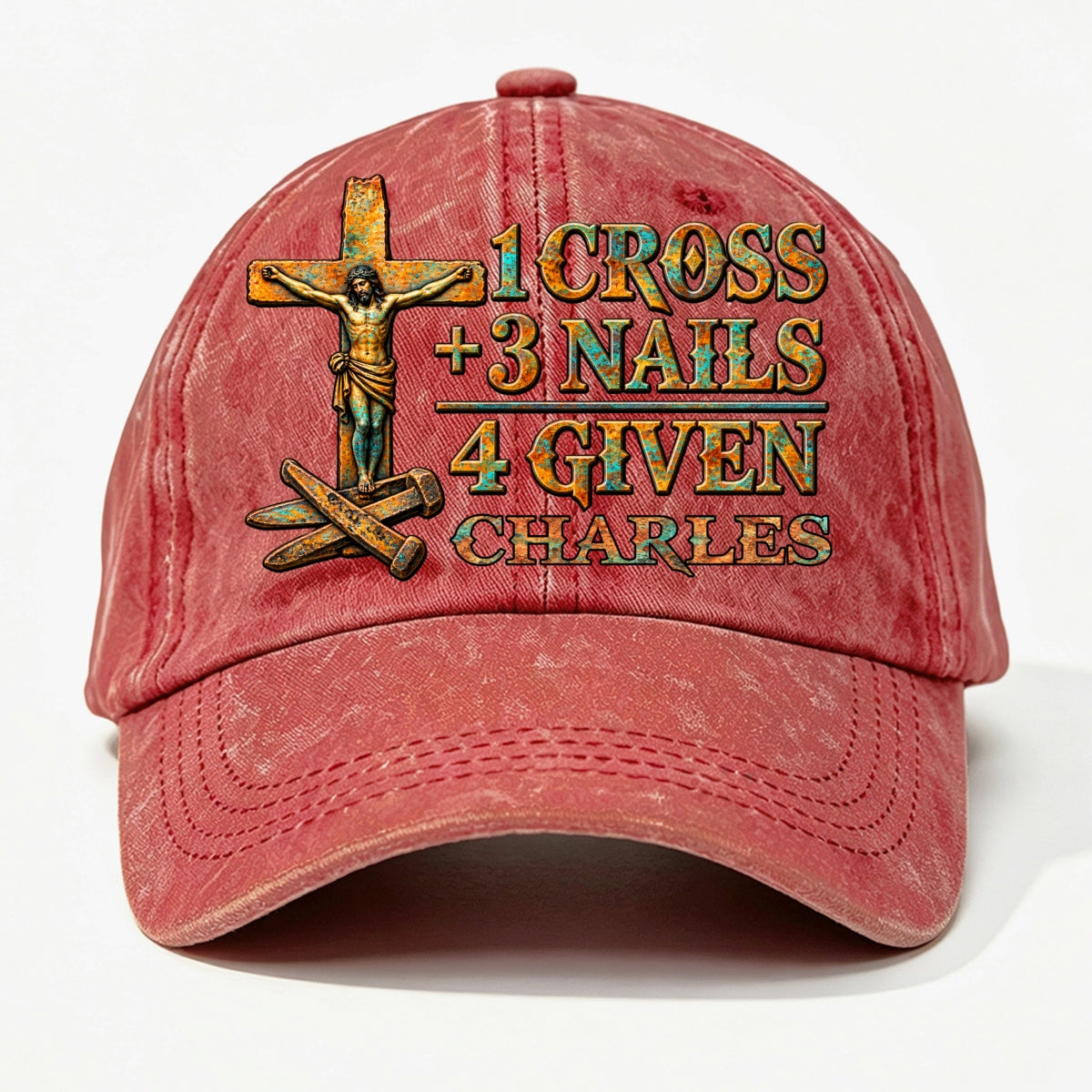 1 Cross 3 Nails 4 Given, Gift For Him | Personalized Vintage Washed Denim Cap