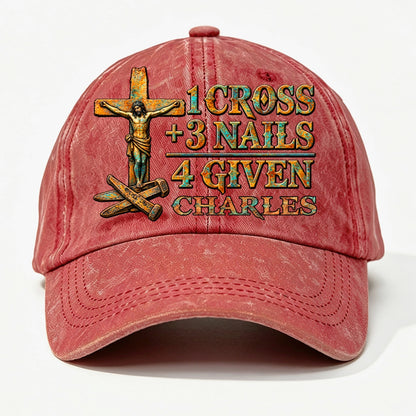 1 Cross 3 Nails 4 Given, Gift For Him | Personalized Vintage Washed Denim Cap