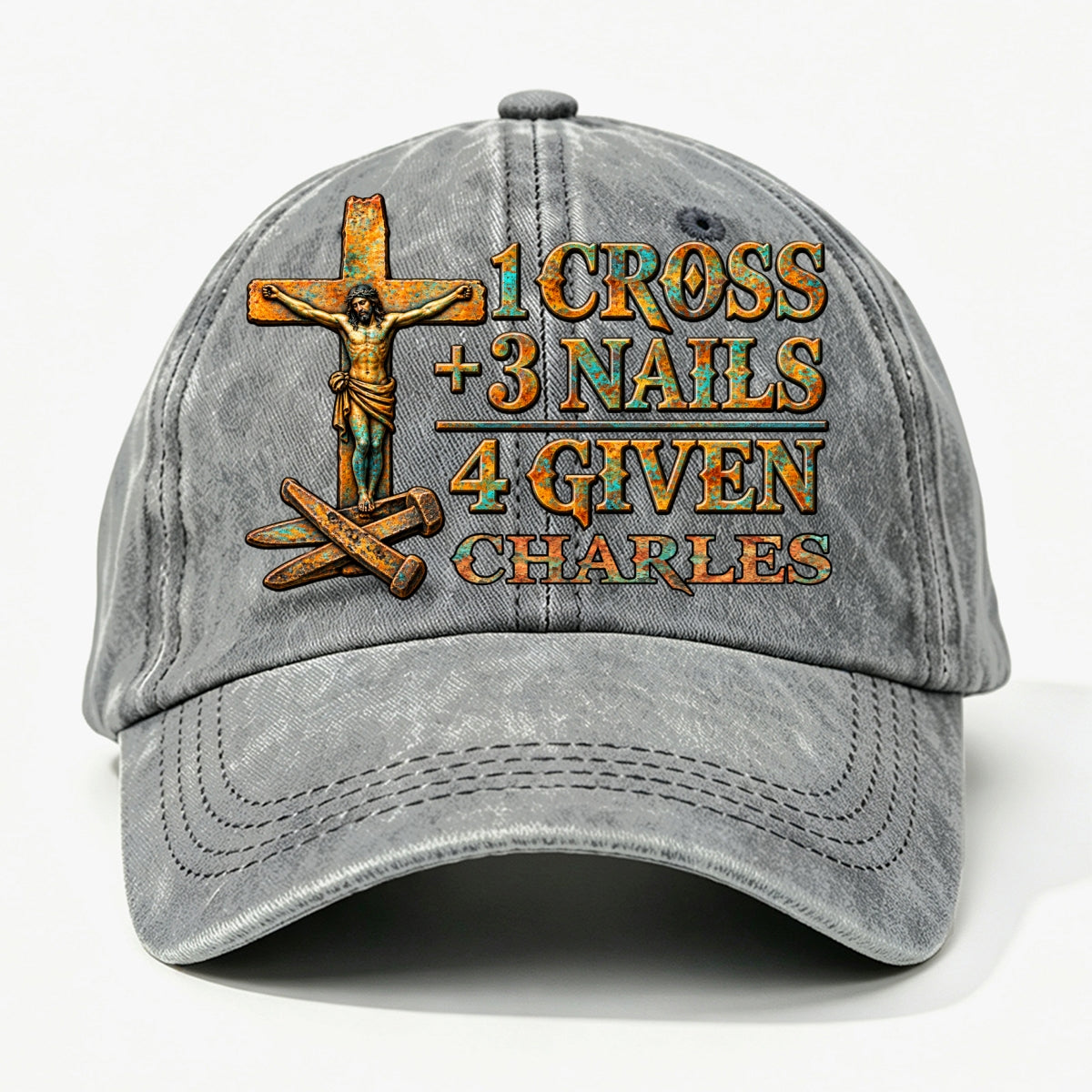 1 Cross 3 Nails 4 Given, Gift For Him | Personalized Vintage Washed Denim Cap