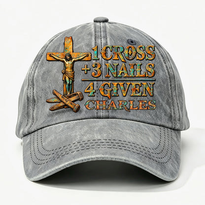 1 Cross 3 Nails 4 Given, Gift For Him | Personalized Vintage Washed Denim Cap