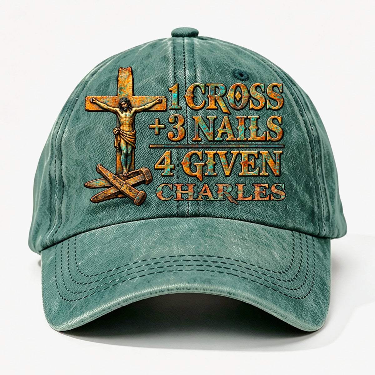 1 Cross 3 Nails 4 Given, Gift For Him | Personalized Vintage Washed Denim Cap