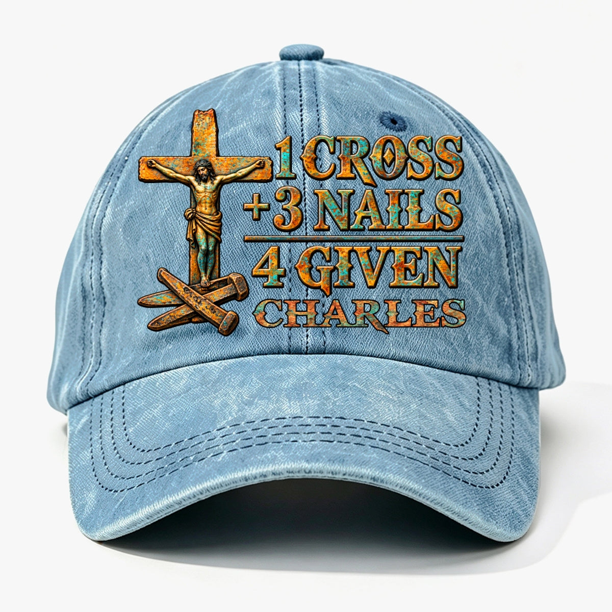 1 Cross 3 Nails 4 Given, Gift For Him | Personalized Vintage Washed Denim Cap