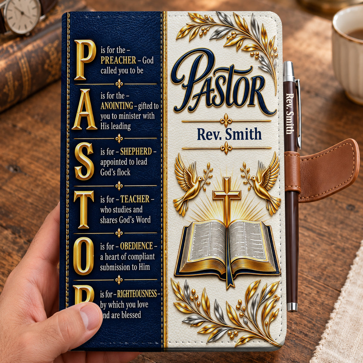 Pastor’s Words Of Faith, Gift For Pastor | Personalized Leather Notebook & Pen Set
