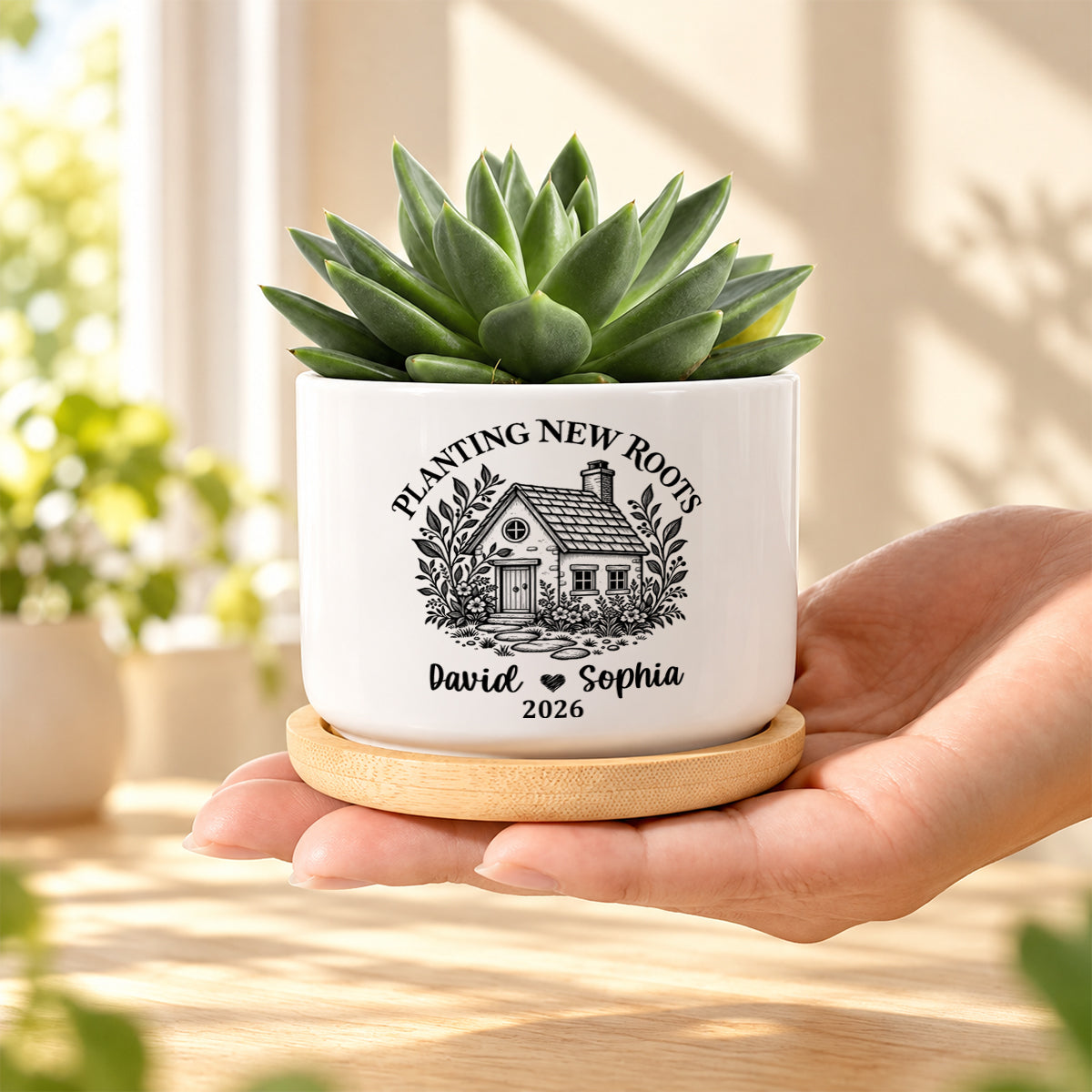 Planting New Roots, Couples Housewarming Gift | Personalized Ceramic Plant Pot With Bamboo Tray
