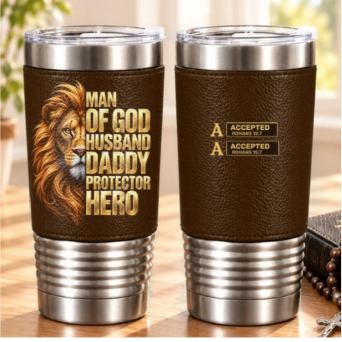 Man Of God Husband Dad Protector Hero, Gift For Husband Dad | Personalized 20oz Leather Wrapped Tumbler