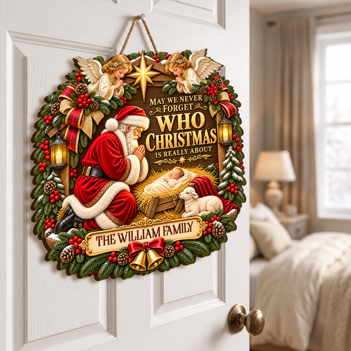 Santa Kneeling Before Baby Jesus, Gift For Family | Personalized Wooden Door Sign