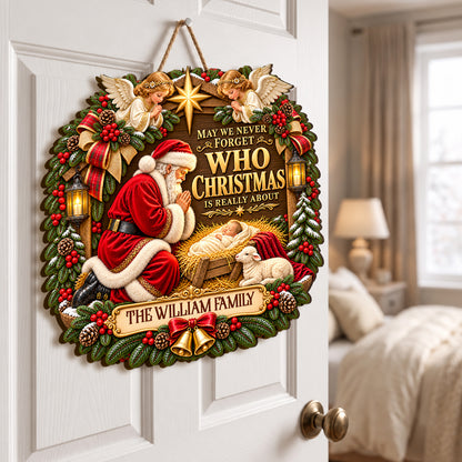 Santa Kneeling Before Baby Jesus, Gift For Family | Personalized Wooden Door Sign