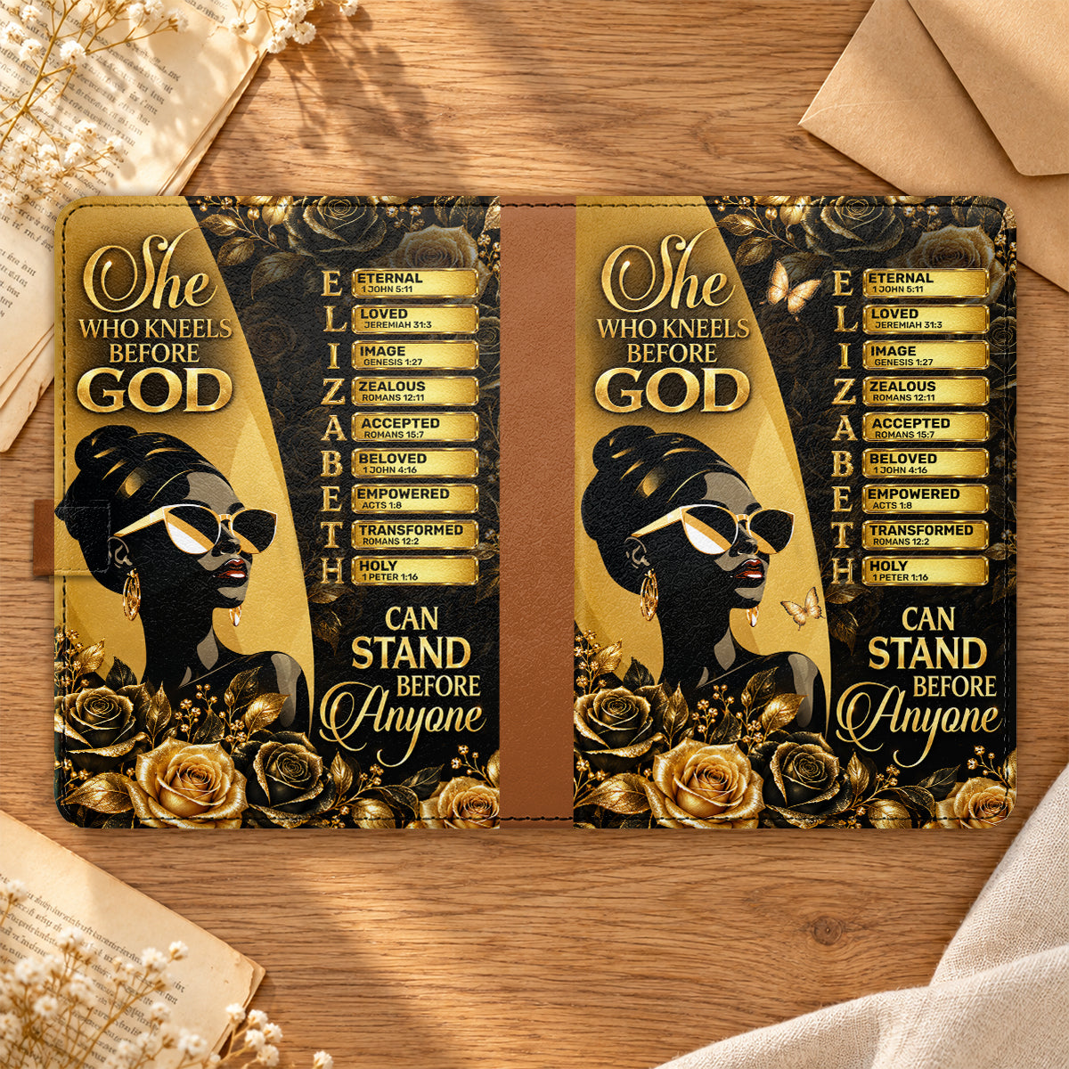 She Who Kneels Before God Can Stand Before Anyone, Gift For Women | Personalized Leather Notebook & Pen Set