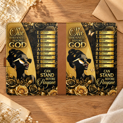 She Who Kneels Before God Can Stand Before Anyone, Gift For Women | Personalized Leather Notebook & Pen Set