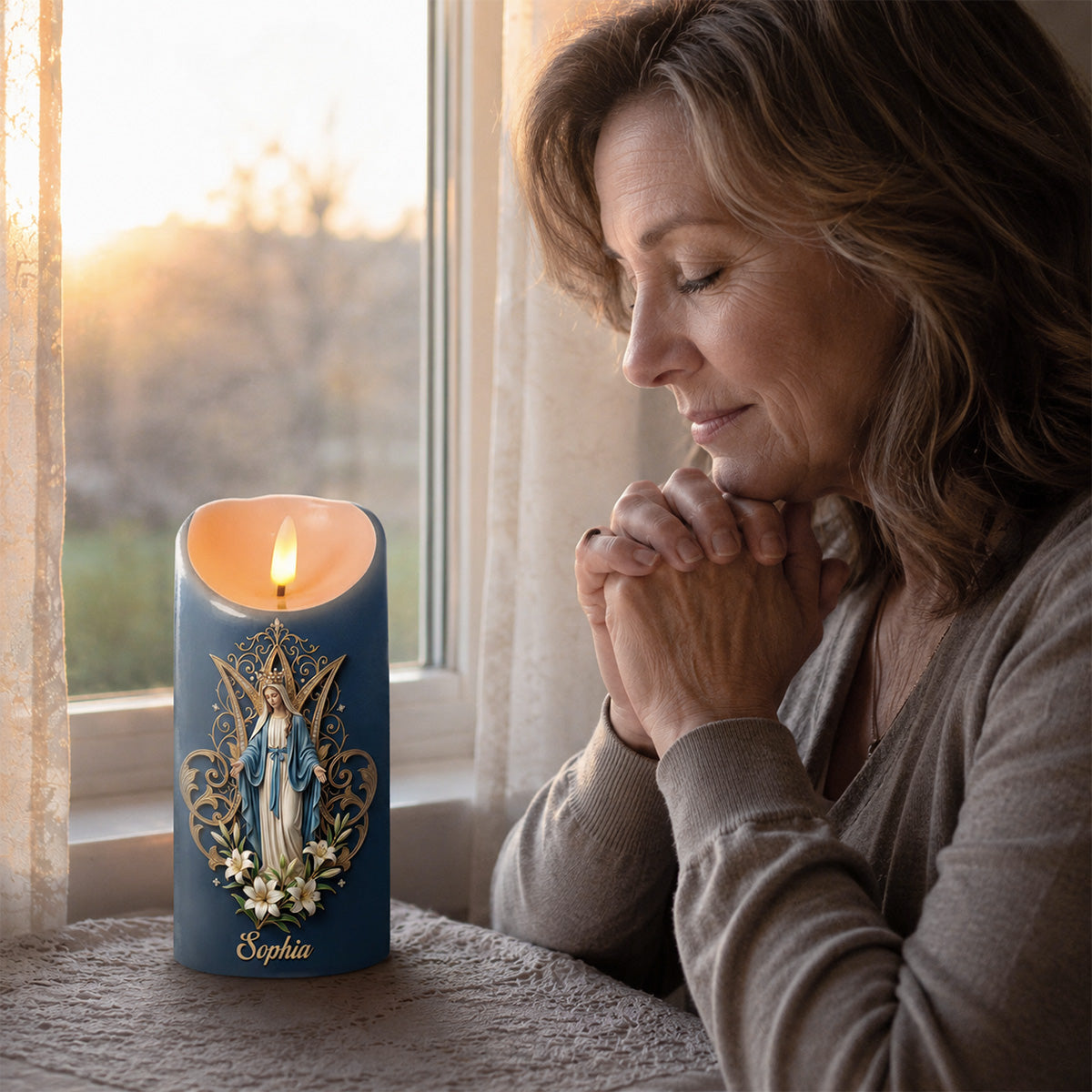 Crowned Maria Lily Devotion - Personalized Flameless LED Candle