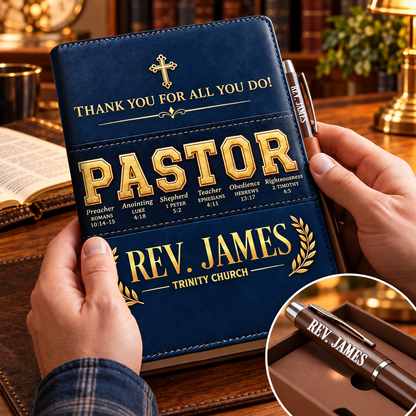 Thank You for All You Do, Gift For Pastor - Personalized Leather Notebook & Pen Set