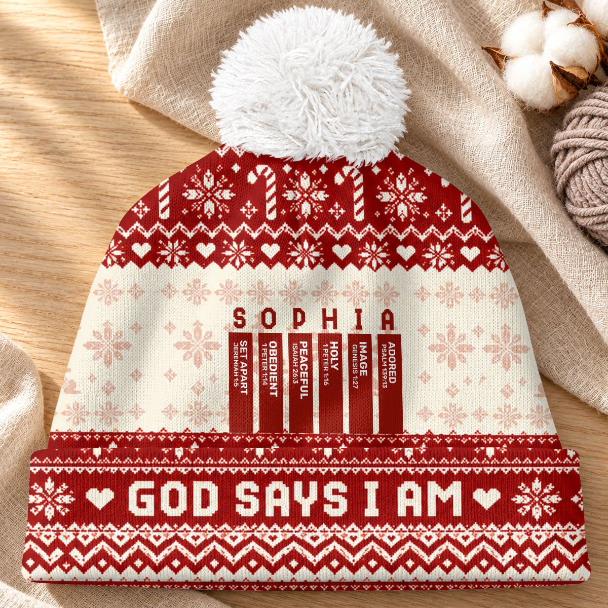 God Says I Am Christmas, Christian Christmas For Mom, Daughter, Wife, Sister | Personalized Bobble Beanie Hat