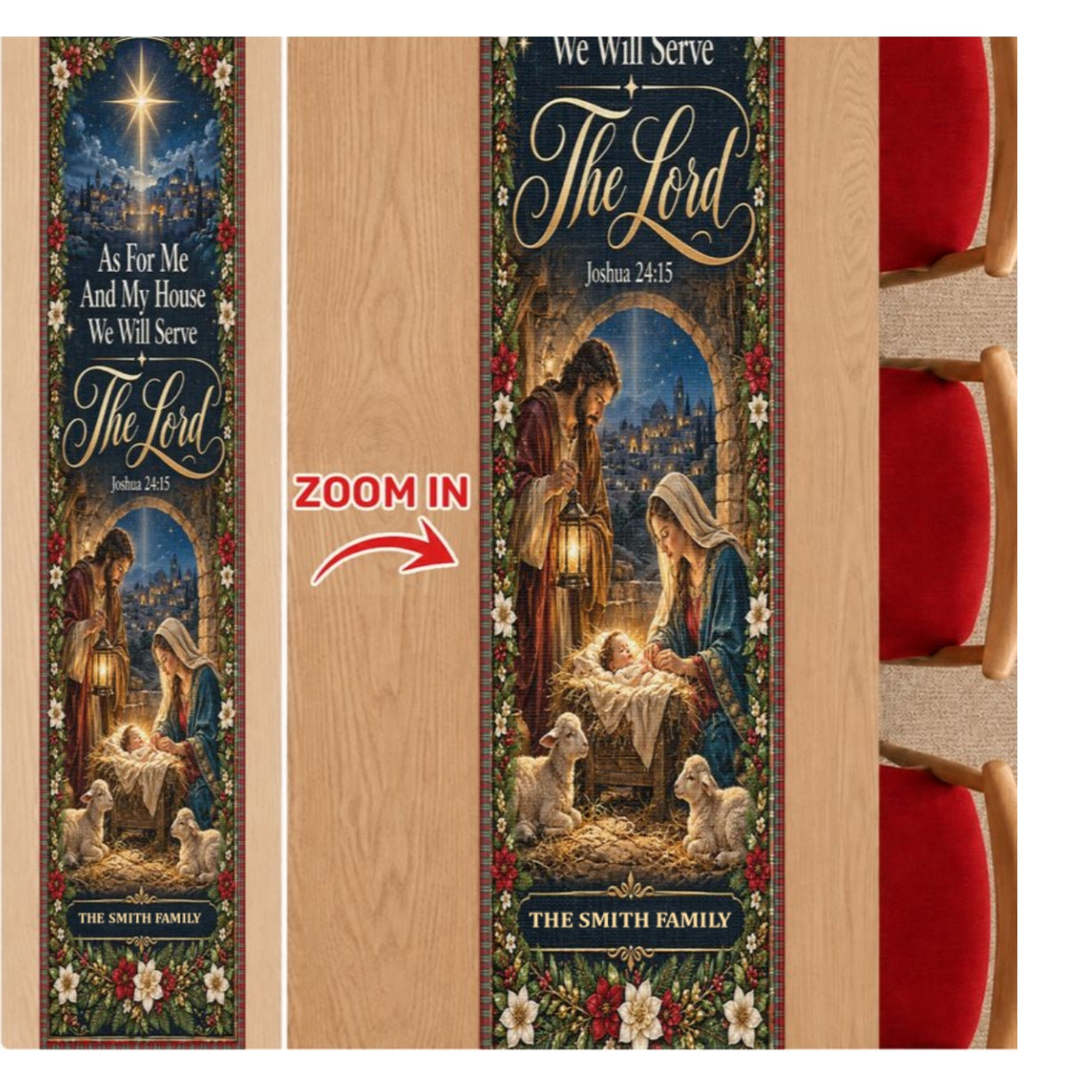 As For Me And My House We Will Serve The Lord, Christian Chrismas Gifts For Grandma, Family | Personalized Table Runner