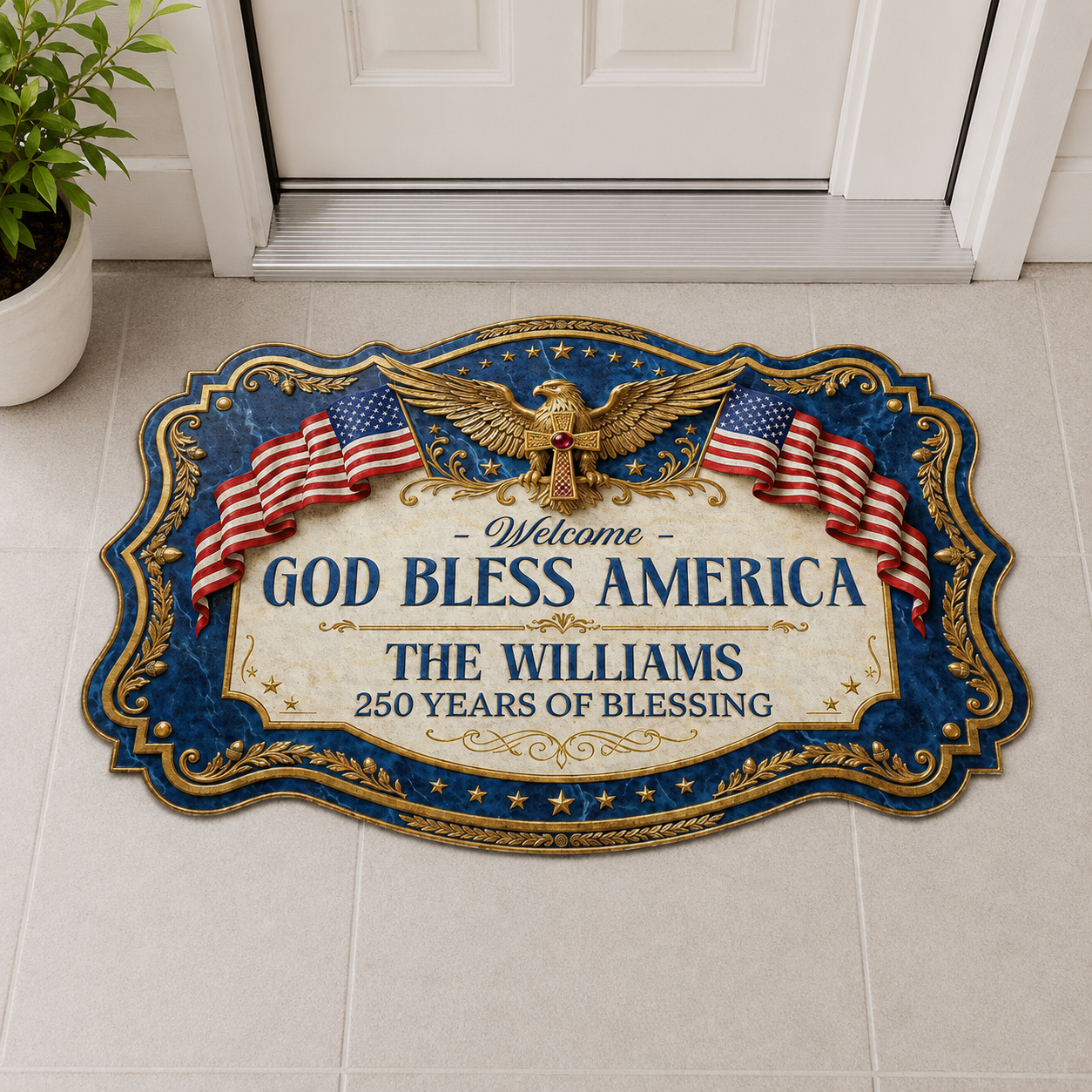 God Bless America, Gift of Freedom | Personalized Custom Shape Doormat