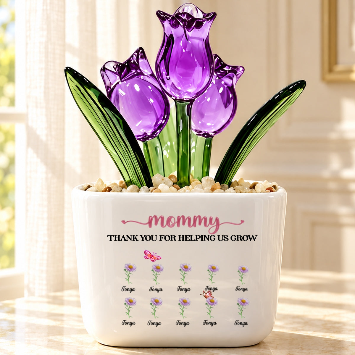 Thank You For Helping Me Grow, Gift For Mom, Grandma | Personalized Glass Everlasting Tulips