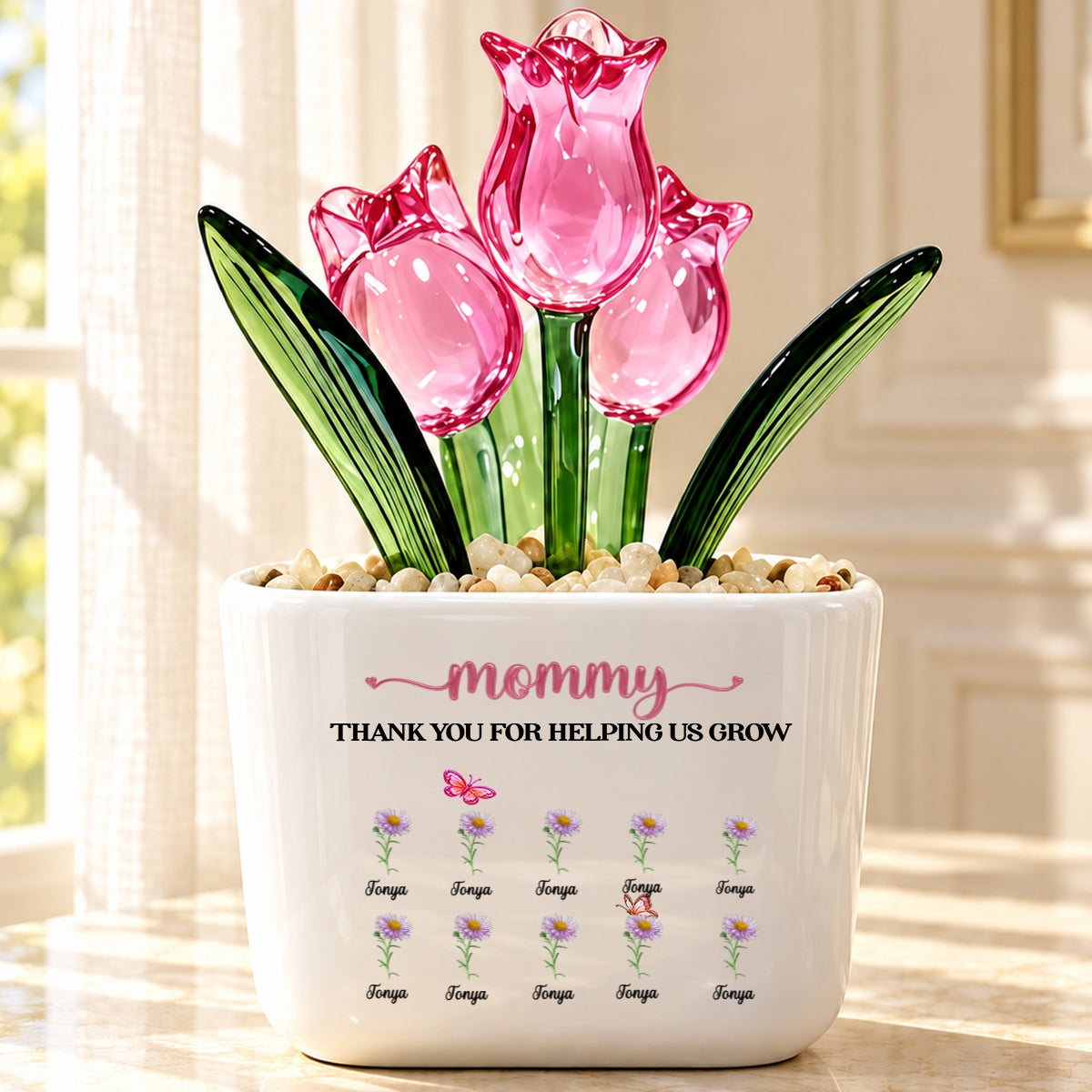 Thank You For Helping Me Grow, Gift For Mom, Grandma | Personalized Glass Everlasting Tulips