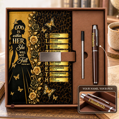 God Is Within Her She Will Not Fall, Gift For Women | Personalized Leather Notebook & Pen Set