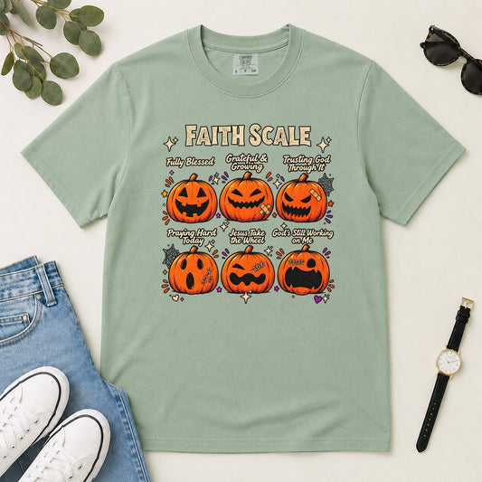 Funny Faith Scale Pumpkin, Gift For Halloween | 2D Unisex Garment-dyed T-shirt