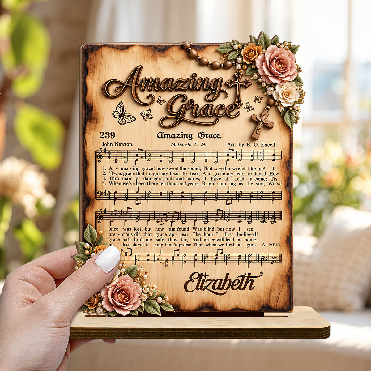 Amazing Grace, Gift For Mom | Personalized 2-Layer Wood Plaque With Flat Base