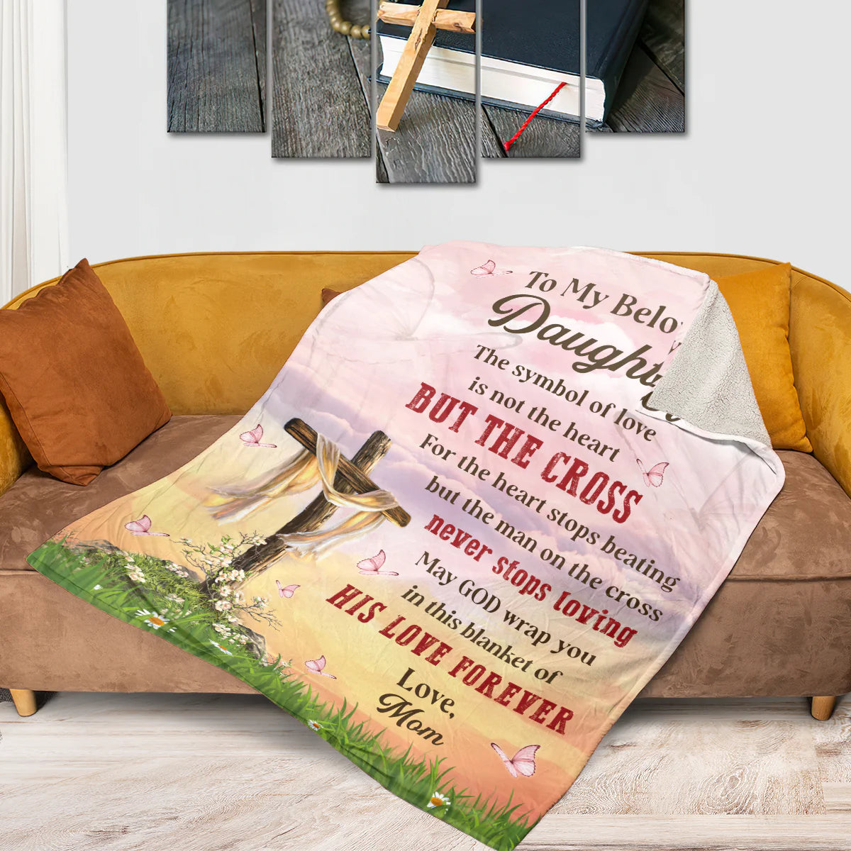 Christian Fleece Blanket for Daughter, Cross Love Gift from Mom