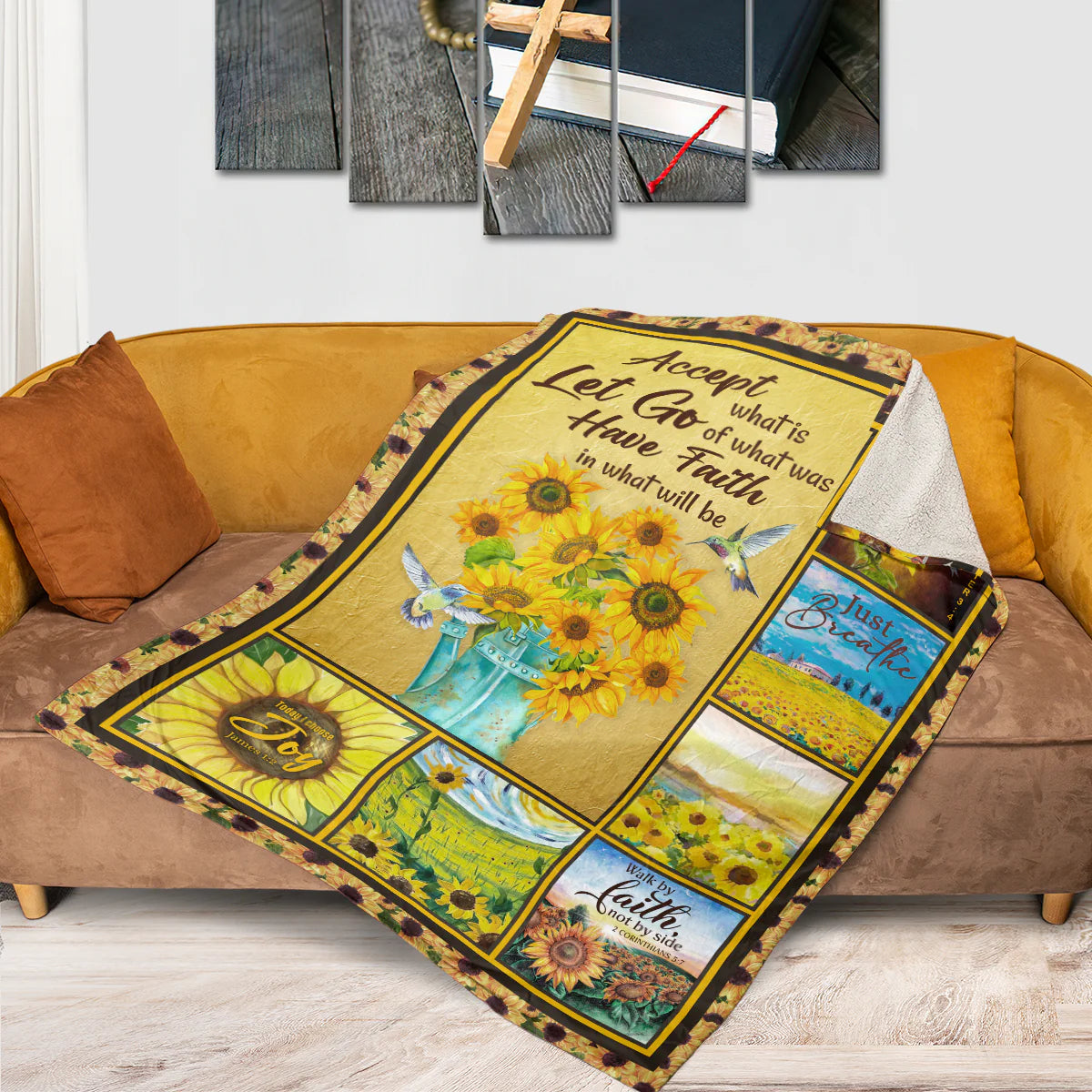 Sunflower Faith Christian Fleece Blanket – Accept What Is, Have Faith