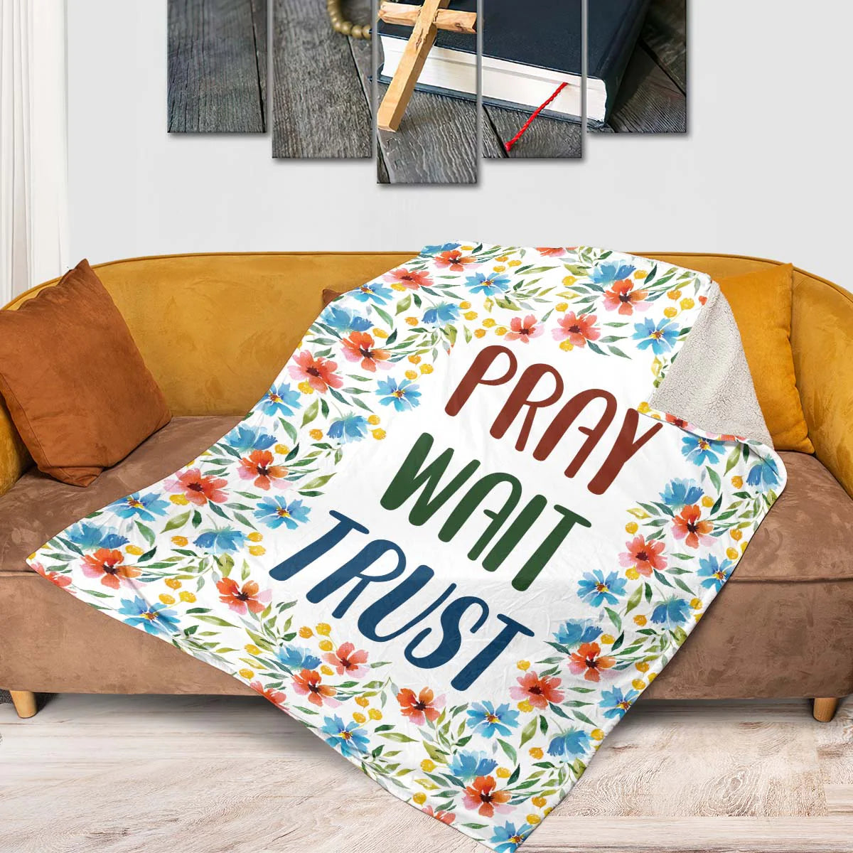 Christian Fleece Blanket, Pray Wait Trust Floral Faith Quote