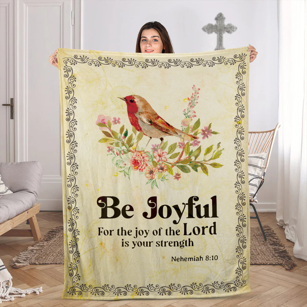 Christian Fleece Blanket, Be Joyful Bible Verse Nehemiah 8:10