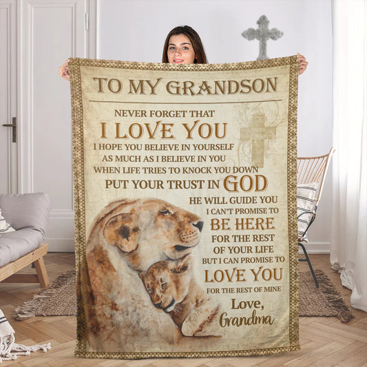 To My Grandson Christian Fleece Blanket, Lion Faith Gift from Grandma