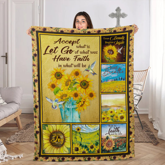 Sunflower Faith Christian Fleece Blanket – Accept What Is, Have Faith