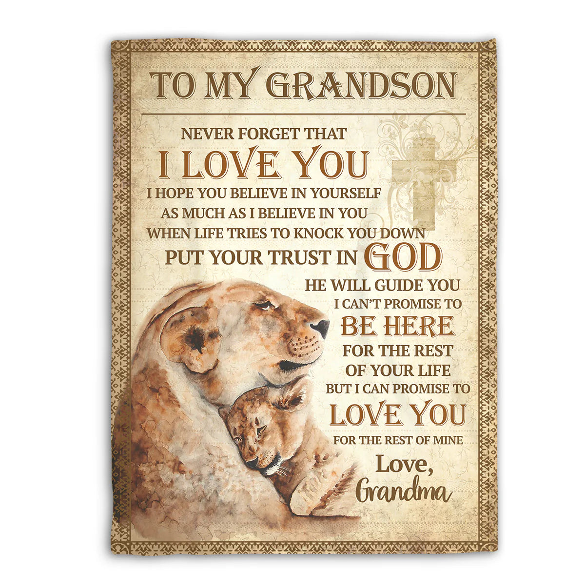 To My Grandson Christian Fleece Blanket, Lion Faith Gift from Grandma