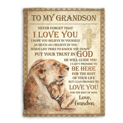 To My Grandson Christian Fleece Blanket, Lion Faith Gift from Grandma