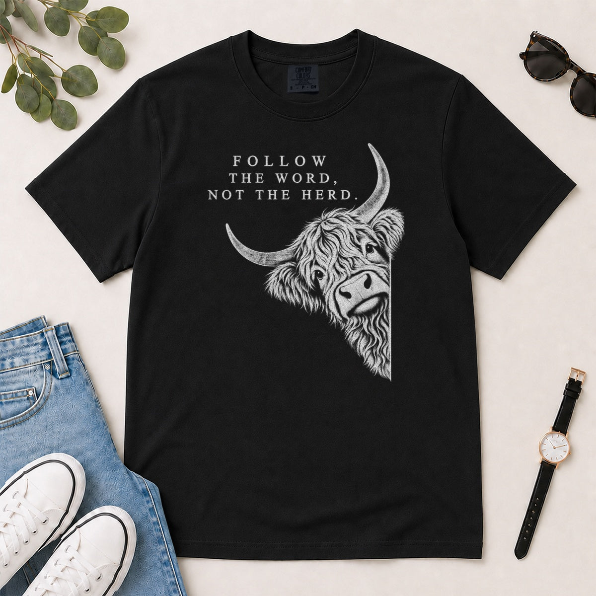Follow The Word Not The Herd, Gift For Christian Highland Cow Lovers - 2D Unisex Garment-dyed T-shirt