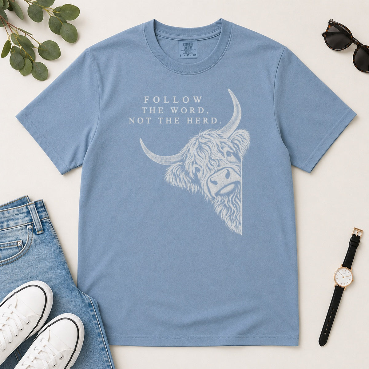 Follow The Word Not The Herd, Gift For Christian Highland Cow Lovers - 2D Unisex Garment-dyed T-shirt