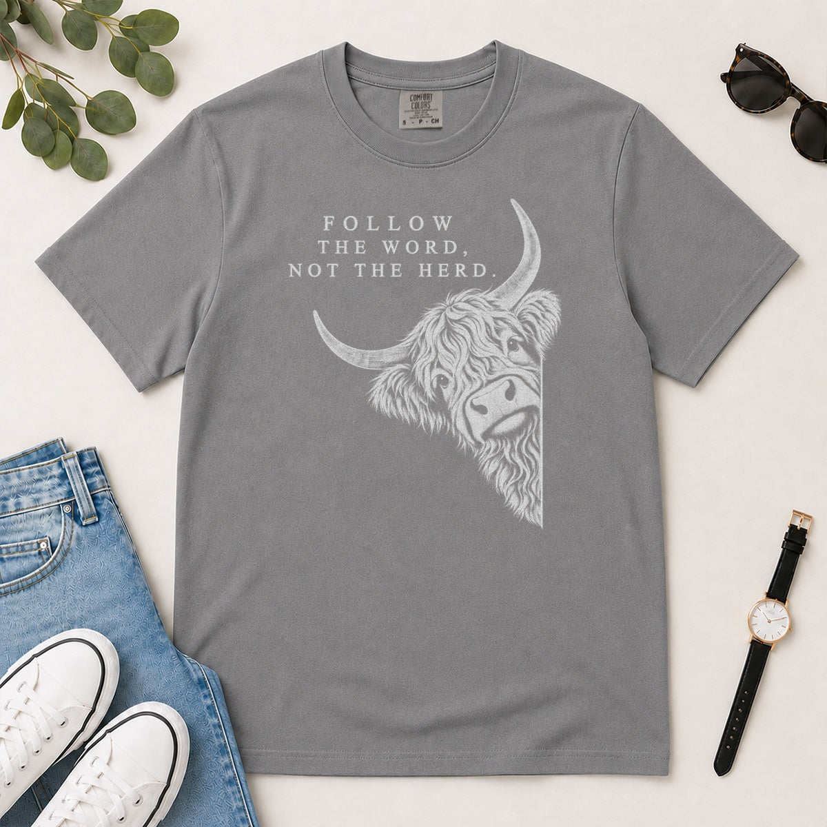 Follow The Word Not The Herd, Gift For Christian Highland Cow Lovers - 2D Unisex Garment-dyed T-shirt