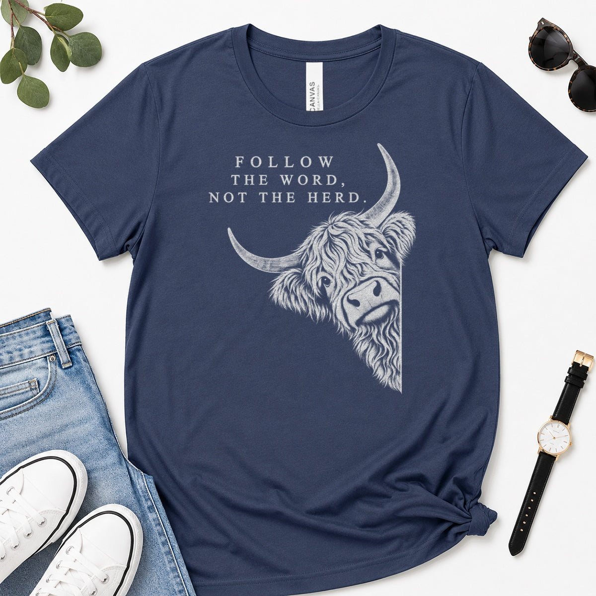 Follow The Word Not The Herd, Gift For Christian Highland Cow Lovers - 2D Unisex Premium T-shirt