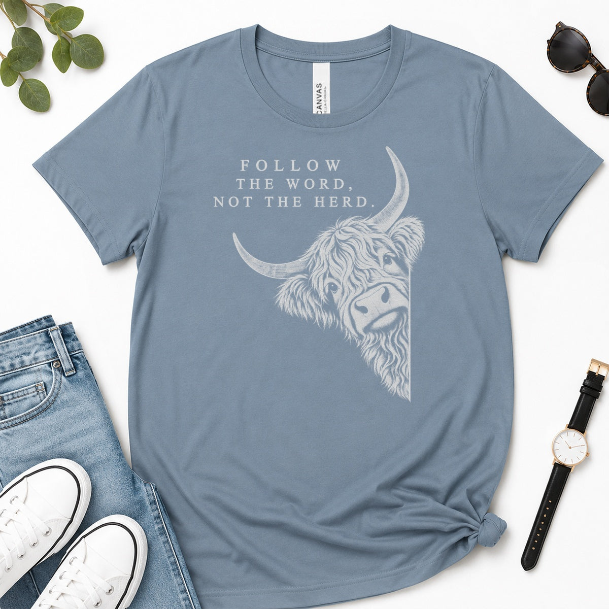 Follow The Word Not The Herd, Gift For Christian Highland Cow Lovers - 2D Unisex Premium T-shirt