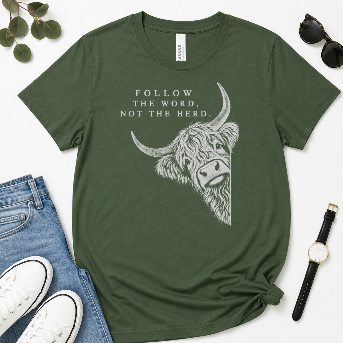 Follow The Word Not The Herd, Gift For Christian Highland Cow Lovers - 2D Unisex Premium T-shirt